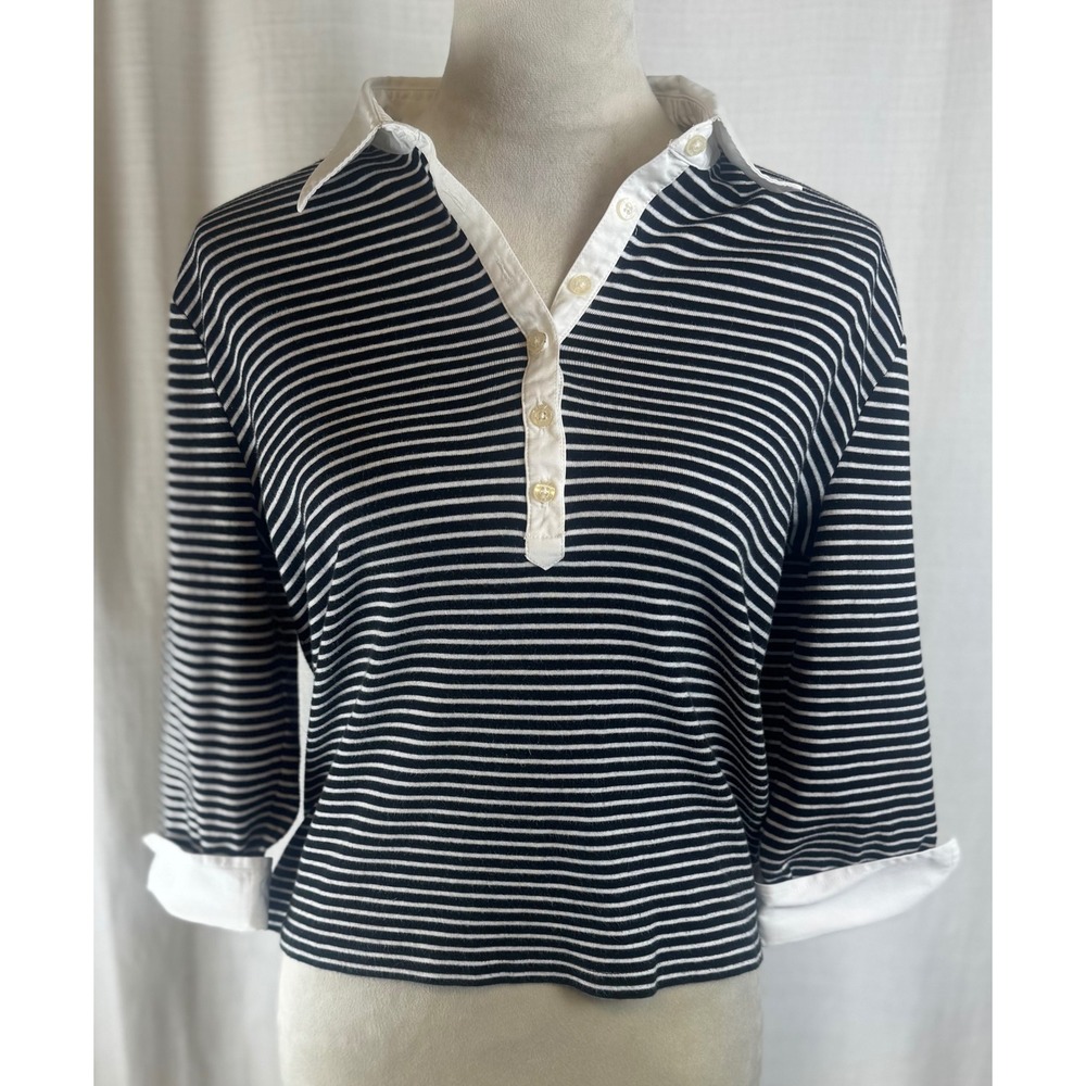 Lauren Ralph Lauren Striped Polo Shirt Black & White 3/4 Sleeve Cotton Top